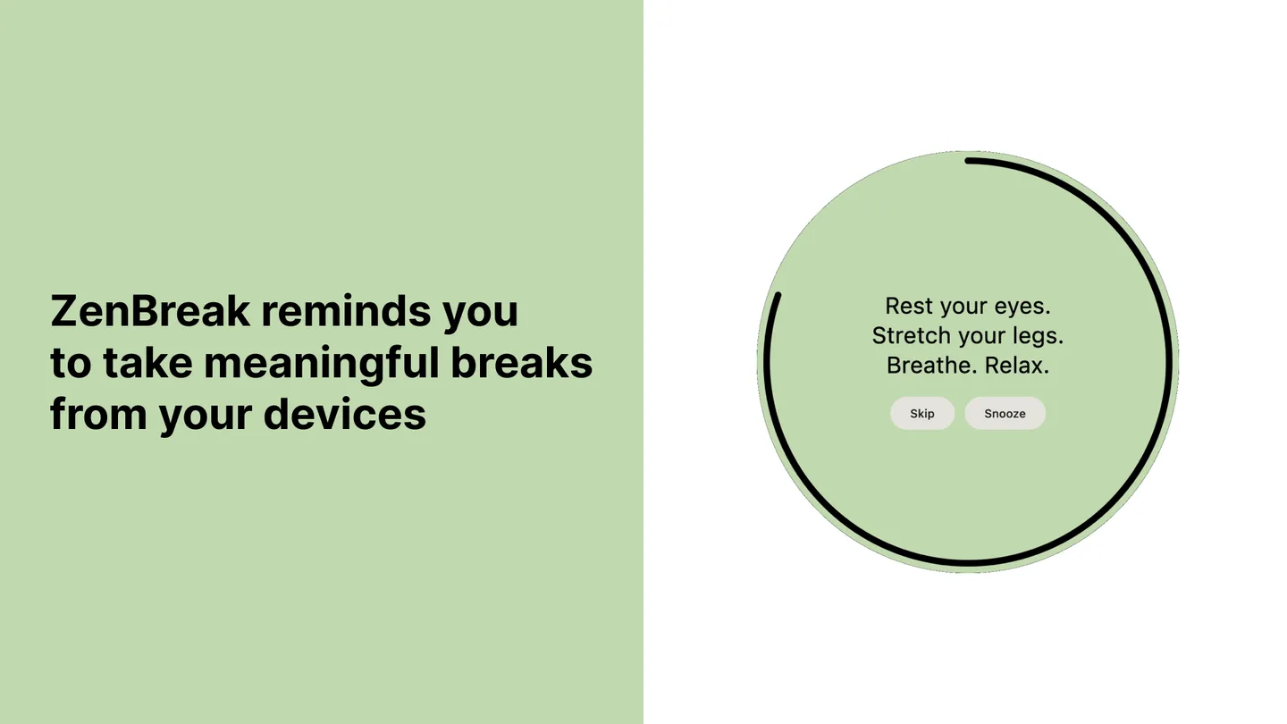 Publisher illustration of ZenBreak's circular break reminder with rest prompts and Skip and Snooze controls