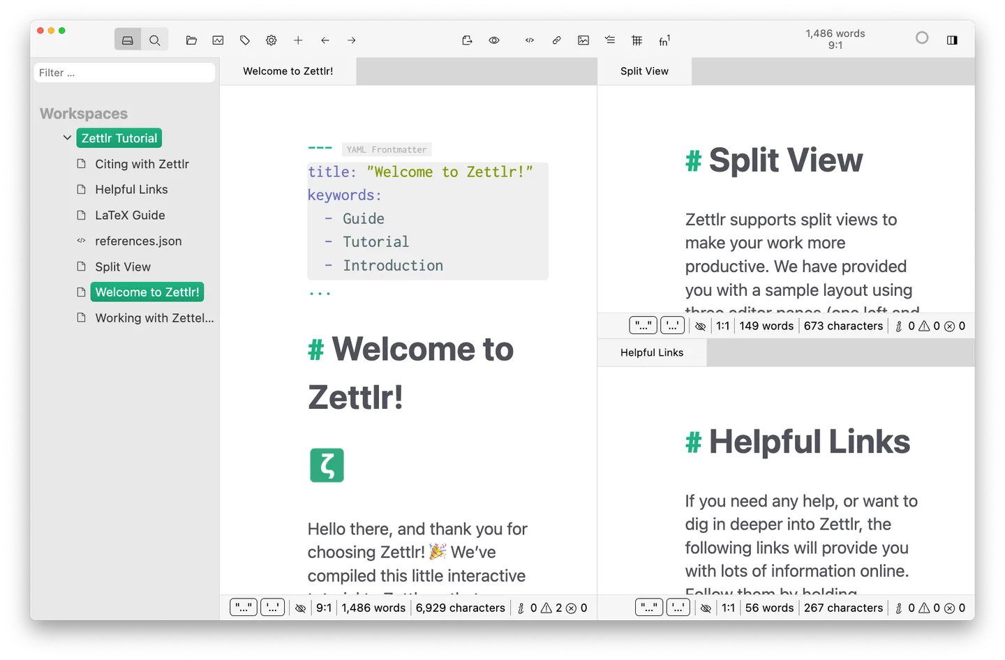 Older publisher screenshot of Zettlr on Mac with a tutorial workspace, Markdown document and split-view panes.