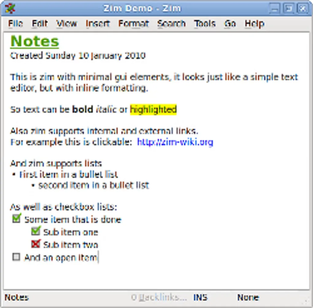 Older Zim Windows editor showing formatted notes, a hyperlink, bullet lists and checked and unchecked tasks.