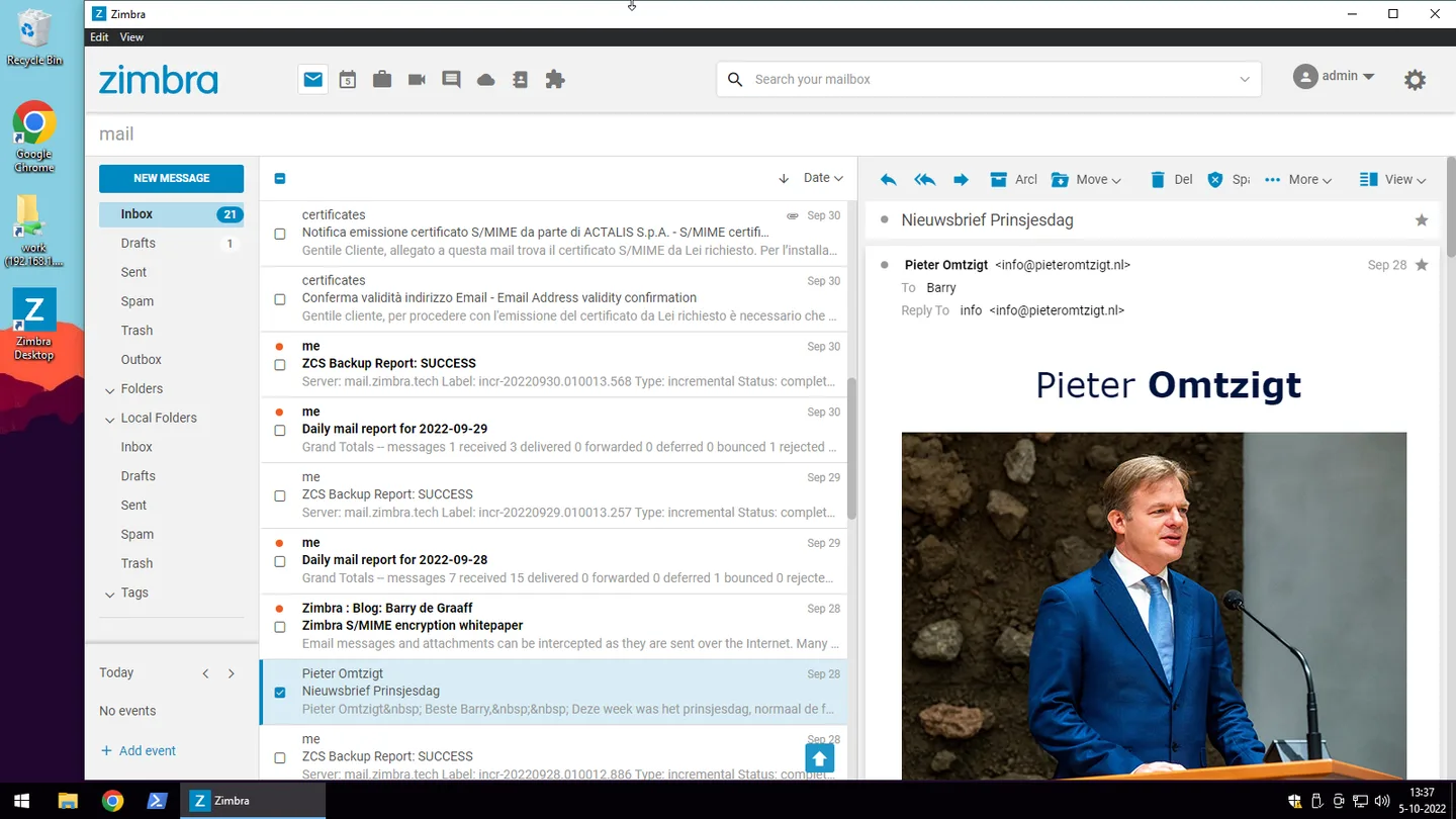 Publisher’s 2022 screenshot of modern Zimbra Desktop on Windows, showing mail folders, the inbox list and a message reading pane.