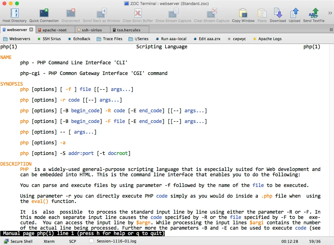 ZOC Terminal on macOS showing tabbed host sessions, a PHP manual page, toolbar and Secure Shell status bar.