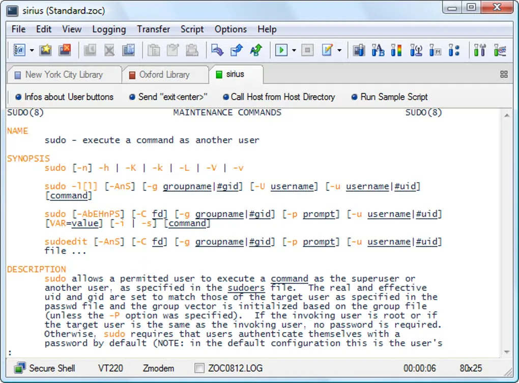 Older ZOC Terminal Windows interface with three session tabs, a sudo manual page and Secure Shell, VT220 and Zmodem status indicators.