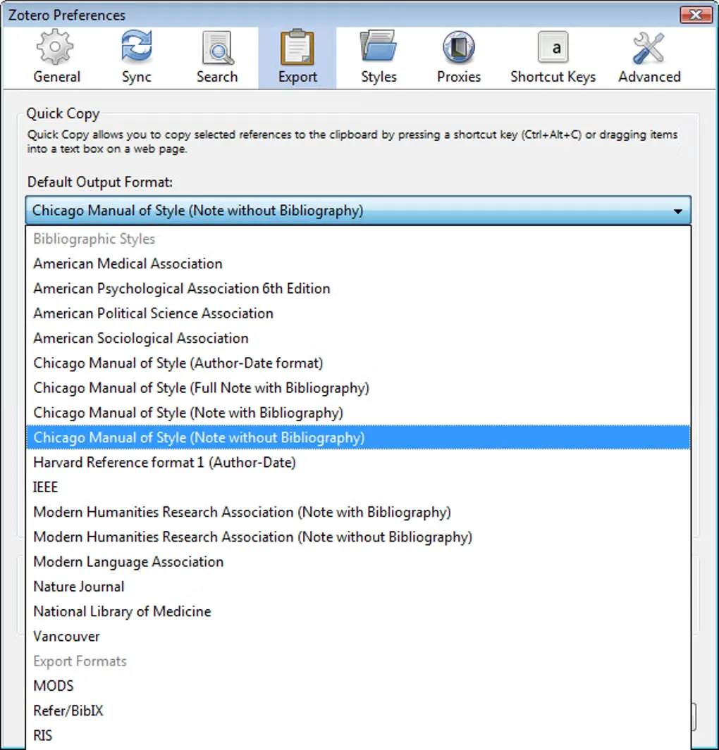 Historical Zotero for Windows Preferences dialog showing Quick Copy citation styles and export formats
