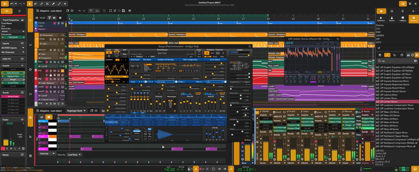 Publisher's representative Zrythm interface on Linux, showing timeline tracks, MIDI piano roll, mixer and open plugin windows; not a Mac capture.